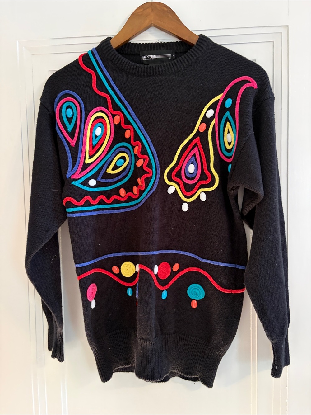 80/90s Espree International Black Sweater with Multicolor Embroidered Swirls